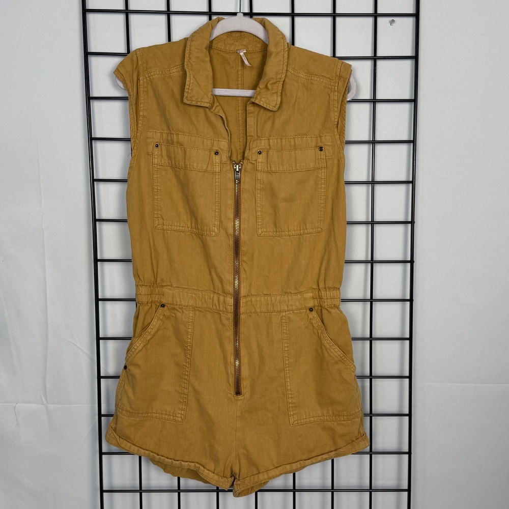 Free People Utility Romper Womens Medium Mustard Yellow Zip Front‎ Cotton Cargo